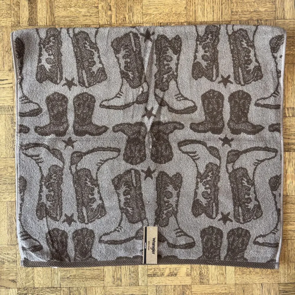 Wrangler Brown Boots Western Vintage Cowboy Cowgirl 2 Hand 2 Bath Towel Set NEW
